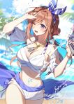  1girl :d ;d bikini blue_eyes blurry blurry_background blush breasts brown_hair chapuding cleavage commentary gakuen_idolmaster highres himesaki_rinami holding holding_water_gun idolmaster kimi_to_semi_blue_(idolmaster) looking_to_the_side navel one_eye_closed outdoors palm_leaf smile solo stomach swimsuit water_gun white_bikini 