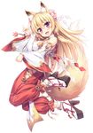  absurdres akizora_momiji animal_ear_fluff animal_ears baggy_pants bangs bare_shoulders blonde_hair blush bracelet commentary_request covered_nipples detached_sleeves fang flower flower_knot fox_ears fox_girl fox_shadow_puppet fox_tail from_side full_body gold_trim hair_flower hair_ornament hair_tubes hakama high_heels highres japanese_clothes jewelry jumping long_hair looking_to_the_side miko okobo open_mouth original pants red_eyes sandals side_slit simple_background smile solo tabi tail tassel white_background wide_sleeves 