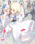  4boys 5girls animal_hair_ornament arthur_(rune_factory) bishnal_(rune_factory) blonde_hair blue_flower blue_rose blush bridal_veil bride carrying carrying_person clorica_(rune_factory) closed_eyes couple crying crying_with_eyes_open dress elbow_gloves flower formal_clothes gloves grey_eyes grey_hair groom hair_ornament high_heels highres husband_and_wife illuminata kohaku_(rune_factory) lest_(rune_factory) ling_hua multiple_boys multiple_girls official_alternate_costume panda_hair_ornament pointacid_(po_yin_to) princess_carry rose rune_factory rune_factory_4 shoes smile suit tears tuxedo veil wedding wedding_dress white_dress white_shoes white_suit xiao_pai yan_fan_(rune_factory_4) 