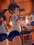  ass back black_hair blue_buruma blush brown_eyes buruma carrying chair commentary_request from_behind gym_uniform higashi_tarou highres indoors long_hair looking_at_viewer looking_back multiple_girls open_mouth original shirt short_hair short_sleeves smile solo_focus twintails 