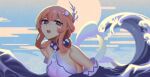  1girl bad_id badamon breasts coral_hair_ornament detached_sleeves dress egasumi genshin_impact hair_ornament highres mimi_(genshin_impact) pearl_hair_ornament pink_hair purple_dress purple_eyes sangonomiya_kokomi seigaiha sidelocks_tied_back solo sun updo waves 
