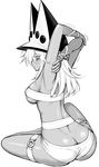  1girl :&lt; arms_behind_back arms_up ass back beltbra breasts dark_skin from_behind full_body greyscale guilty_gear guilty_gear_xrd hat indian_style jouyama_yui large_breasts long_hair looking_back monochrome ramlethal_valentine short_shorts shorts sideboob sitting solo stretch thigh_strap 