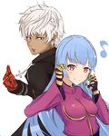  1boy 1girl anger_vein annoyed artist_request blue_hair breasts brown_eyes cross_necklace dark_skin gloves jacket jewelry k&#039; king_of_fighters kula_diamond long_hair musical_note parted_lips red_eyes red_gloves shiny shiny_hair short_hair smile sunglasses the_king_of_fighters white_hair 