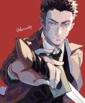  1boy black_eyes black_hair brown_coat coat commentary highres holding holding_sword holding_weapon jujutsu_kaisen kusakabe_atsuya long_coat male_focus necktie oberon0614 open_clothes open_coat red_background short_hair simple_background solo sword untranslatable_commentary upper_body weapon 
