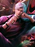  1boy 3d belt black_jacket black_pants black_shirt blurry blurry_background closed_mouth collared_shirt crossed_legs flower game_asset glint head_rest highres holding holding_microphone indoors instrument jacket jewelry light_particles long_sleeves looking_at_viewer love_and_deepspace male_focus microphone non-web_source official_art open_clothes open_jacket pants purple_jacket red_eyes red_flower self-datamine shirt short_hair sitting smile solo sylus_(love_and_deepspace) watch white_hair wristwatch 