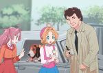  1boy 2girls akechi_anna basset_hound brown_hair car collared_shirt columbo commentary crossover dog dog_(columbo) east-west_crossover highres kobayashi_mikuru lieutenant_columbo meitantei_precure! motor_vehicle multiple_girls necktie notebook precure shirt trait_connection ueyama_michirou 