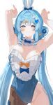  1girl absurdres animal_ears arahashi_tabi armpits arms_up blue_bow blue_bowtie blue_eyes blue_hair blue_leotard bow bowtie breasts brown_hiphighs cleavage collar commentary covered_navel cowboy_shot detached_collar double-parted_bangs fake_animal_ears frilled_collar frilled_leotard frills hair_intakes hair_ornament heart heart_hair_ornament highres hiphighs large_breasts leotard long_hair looking_at_viewer nervous_smile noah0912345 orange_bow parted_lips playboy_bunny rabbit_ears rabbit_pose raised_inner_eyebrows simple_background single_hiphigh smile solo standing stellive straight_hair strapless strapless_leotard sweat triangle_hair_ornament twintails very_long_hair virtual_youtuber white_background white_collar x_hair_ornament 