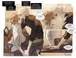  2boys absurdres bandaged_arm bandaged_chest bandages blonde_hair blue_eyes blush commentary couple earrings english_commentary english_text eye_contact highres holding_hands implied_yaoi isa-415810 jewelry kiss kissing_forehead korean_clothes korean_commentary link looking_at_another male_focus mixed-language_commentary mixed-language_text multiple_boys oc_x_canon original photo_(object) picture_frame pointy_ears shirt sitting speech_bubble table the_legend_of_zelda the_legend_of_zelda:_twilight_princess timick_(isa-415810) 
