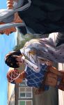  3boys argyle_clothes argyle_sweater black_lips bob_cut bruno_bucciarati bug commentary guido_mista highres jojo_no_kimyou_na_bouken ladybug leone_abbacchio male_focus multiple_boys pectoral_cleavage pectorals polka_dot polka_dot_hair sara_(srsrmrmr) sweater untranslatable_commentary vento_aureo victory_rolls zipper zipper_pull_tab 