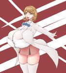  1girl bra breasts brown_eyes brown_hair bursting_breasts gigantic_breasts hair_ornament looking_at_viewer narusawa_ryouka occultic;nine open_mouth psp(3dass) see-through short_hair skirt smile solo thighhighs underwear 