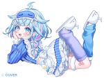  1girl :d ahoge apron asymmetrical_legwear blue_eyes blue_hair blue_leg_warmers blue_shirt blue_skirt blunt_bangs braid commentary_request feet_up frilled_apron frilled_shirt_collar frills full_body fur_leg_warmers fur_thighhighs garter_straps hair_flaps hololive hololive_dev_is karokuchitose leg_warmers lightning_ahoge long_hair long_sleeves low_twin_braids lying mask mask_on_head mismatched_legwear mizumiya_su multicolored_hair official_art on_back on_stomach open_mouth pink_streaks pinstripe_pattern pinstripe_shirt pinstripe_skirt rekio_(mizumiya_su) shirt simple_background single_garter_strap single_thighhigh skirt sleep_mask slippers smile solo streaked_hair teeth the_pose thighhighs twin_braids uneven_legwear upper_teeth_only virtual_youtuber waist_apron white_apron white_background white_slippers white_thighhighs 