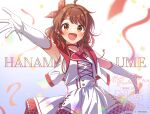  1girl absurdres ahoge armpits bare_shoulders blurry blurry_foreground blush bow_hairband brown_eyes brown_hair character_name choker collarbone commentary_request confetti dot_nose dress earrings elbow_gloves food-themed_earrings gakuen_idolmaster gloves gradient_background gradient_hair hairband hanami_ume highres idolmaster jacket jewelry looking_at_viewer mikawa_ayumu multicolored_hair open_mouth outstretched_arms red_choker red_hair red_hairband sleeveless sleeveless_jacket smile solo spread_arms streamers the_rolling_riceball_(idolmaster) twitter_username upper_body watermark white_dress white_gloves white_jacket 