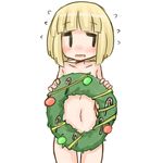  1girl blonde_hair blush bob_cut christmas_wreath embarrassed female looking_away navel nude open_mouth rori_(4chan) simple_background solo thigh_gap white_background 
