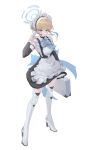  1girl apron aqua_bow aqua_bowtie black_dress blonde_hair blue_archive blue_eyes blue_halo blue_streaks boots bow bowtie commentary dress earpiece full_body hair_bun halo hand_up high_heel_boots high_heels highres holding holding_suitcase looking_at_viewer maid_apron maid_headdress multicolored_hair simple_background single_hair_bun solo standing streaked_hair suitcase thigh_boots three-finger_salute toki_(blue_archive) toki_(yoyobozi) untranslatable_commentary white_apron white_background 