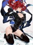  1girl adumi231 black_choker black_jacket black_leotard black_ribbon breasts chain choker closed_mouth frilled_sleeves frills hair_ribbon highres jacket kneeling leotard long_hair long_sleeves looking_at_viewer persona persona_5 persona_5_the_royal ponytail red_eyes red_hair ribbon smile solo violet_(persona_5) white_background yoshizawa_kasumi 