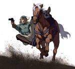  1boy absurdres animal argyle_clothes argyle_sweater blonde_hair commentary diego_brando gun gyo_(gin-kyo) highres holding holding_gun holding_weapon horse horseback_riding jodhpurs jojo_no_kimyou_na_bouken outdoors pants pointing racing reins riding silver_bullet_(jojo) star_(symbol) steel_ball_run sweater weapon 
