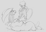  2016 anus bayleef black_and_white blush claws cute digital_drawing_(artwork) digital_media_(artwork) duo embarrassed erection fan_character feral grey_background hi_res jangmo-o looking_back lying male monochrome nicobay nintendo on_back one_eye_closed penis pok&eacute;mon side_view simple_background sketch tailwag tapering_penis tendrils video_games yaroul 