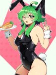 1girl ahoge animal_ears artist_name bare_shoulders black_leotard blueysart bread breasts carrot commentary english_commentary food green_background green_eyes green_hair gumi heart heart_background highres holding holding_plate leotard long_sidelocks looking_at_viewer medium_breasts navel one_eye_closed open_mouth pink_background plate rabbit_ears rabbit_tail short_hair sidelocks sleeve_cuffs solo stretch_marks tail v vocaloid 