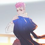  alternate_costume artist_name blue_coat casual closed_mouth coat jacket_on_shoulders krusier long_sleeves looking_at_viewer orange_hair overwatch pink_hair scar shirt short_hair signature solo upper_body white_shirt zarya_(overwatch) 