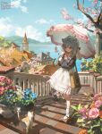  1girl absurdres ahoge animal animal_ears ankle_socks asymmetrical_sidelocks bag bandaid bandaid_on_leg beret blue_eyes blue_flower blue_sky blunt_bangs bow bowtie braid brick_floor brown_bag brown_shoes building calico_(pattern) calico_cat cat cat_ears cat_girl cherry_blossoms chimney closed_mouth cloud commission commissioner_insert commissioner_name day ema3 flower flower_pot frilled_skirt frills full_body grey_hair grey_shirt hair_bow hair_intakes hair_ornament hair_over_shoulder hairclip hand_up handbag hat highres hill holding holding_umbrella indie_virtual_youtuber lake light_particles long_sleeves looking_ahead mary_janes medium_hair medium_skirt mountainous_horizon outdoors parasol pink_bow pink_bowtie pink_flower pink_rose puffy_long_sleeves puffy_sleeves rabbit_ear_headwear rose shirt shoes shoulder_bag sidelocks single_braid skeb_commission skirt skirt_bow sky smile socks solo spring_(season) stairs sunlight thank_you tower town tree tteokie twitter_username umbrella umbrella_over_shoulder virtual_youtuber walking water white_hat white_skirt white_socks window x_hair_ornament 