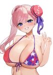  1girl absurdres american_flag american_flag_bikini american_flag_print bare_shoulders bikini blue_eyes blush breasts bun_cover choker cleavage commentary fate/grand_order fate_(series) flag_print flag_print_bikini grin hair_bun hair_ribbon highres huge_breasts long_hair looking_at_viewer marumai miyamoto_musashi_(fate) miyamoto_musashi_(swimsuit_berserker)_(fate) miyamoto_musashi_(swimsuit_berserker)_(second_ascension)_(fate) pink_hair print_bikini ribbon sideboob single_side_bun smile solo swept_bangs swimsuit underboob v 