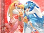  2girls android bangs blonde_hair blue_eyes blue_flower blue_kimono blush capcom ciel_(rockman) eyebrows_visible_through_hair floral_background floral_print flower fur_collar gloves hair_between_eyes hair_flower hair_ornament headgear helmet high_ponytail holding japanese_clothes kimono leviathan_(rockman) long_hair multiple_girls obi open_mouth pink_flower ponytail rockman rockman_zero sash scccs2 smile white_gloves wide_sleeves 