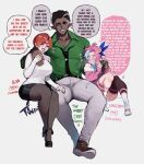  1girl 2boys arm_around_shoulder belt black_hair black_necktie black_pantyhose black_streaks black_thighhighs blue_eyes blue_hair blush breasts brother_and_sister brothers-in-law brown_eyes bulge character_age commentary curvy english_commentary english_text freckles green_shirt grey_pants hair_slicked_back halcyon_(nyantcha) hetero high_heels highres hubby_(nyantcha) ilya_(nyantcha) kneehighs large_breasts medium_hair multicolored_hair multiple_boys necktie nervous nyantcha one_eye_closed orange_hair original pants pantyhose pencil_skirt pink_hair profanity shirt short_hair siblings simple_background single_thighhigh sitting skirt slur_(profanity) smile socks streaked_hair sweater thick_thighs thighhighs thighs trap white_streaks 