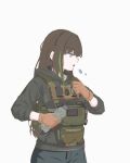  1girl absurdres ammunition_pouch black_hoodie body_armor bottle bulletproof_vest chest_rig english_commentary girls'_frontline highres hood hoodie load-bearing_vest long_hair long_sleeves m4a1_(girls'_frontline) pouch shell_81mm tactical_clothes water_bottle white_background 