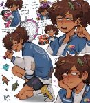  2boys 2girls amphibia anne_boonchuy black_shorts blue_jacket bow brown_hair byubiyubi english_text frog hopediah_plantar jacket leaf leaf_on_head multiple_boys multiple_girls multiple_views open_mouth patch polly_plantar ponytail racket shoes shorts sneakers sprig_plantar tadpole teeth tennis_racket tongue tongue_out white_background yellow_bow 