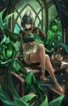  1girl ashru_(genshin_impact) black_cat black_gloves book breasts cat chair clone colored_skin commentary crossed_legs english_commentary fake_claws finger_claws full_body genshin_impact gloves gold_shoes green_eyes green_hair green_skin hand_up high_heels highres imdrunkontea indoors knee_up large_breasts looking_at_viewer mark_under_eye multiple_girls nefer's_shade_(genshin_impact) nefer_(genshin_impact) on_table open_book paper shoes short_hair sitting smile solo table thigh_strap wooden_chair wooden_table 