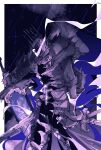  armor blue_surcoat border cape elden_ring elden_ring_nightreign extra_arms full_armor glowing glowing_sword glowing_weapon great_rune_(elden_ring) greatsword helmet heolstor_the_nightlord highres night outside_border purple_cape sky spiked_helmet sword triple_wielding weapon white_border zeratin927 