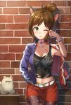  animal_ears belt black_tank_top bracelet brick_wall brown_hair cat cat_ears chain choker collarbone fishnet_legwear fishnets green_eyes grumpy_cat hand_in_pocket highres idolmaster idolmaster_cinderella_girls jacket jewelry maekawa_miku midriff navel one_eye_closed pantyhose red_skirt short_hair skirt solo spiked_bracelet spikes takeashiro tank_top tattoo torn_clothes torn_legwear torn_tank_top 