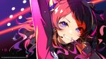  1girl arm_up blue_eyes blush braid collarbone colored_shadow commentary_request copyright_logo copyright_notice earrings fighting_my_way_(idolmaster) fishnets floating_hair gakuen_idolmaster glint gradient_background grin hair_tie hanami_saki headset highres hoop_earrings idolmaster jacket jewelry lam_(ramdayo) laser logo long_hair long_sleeves looking_at_viewer official_art pink_jacket portrait red_hair shadow single_bare_shoulder smile solo sparkle sweat twin_braids two_side_up v-shaped_eyebrows 