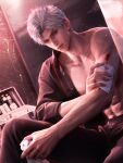  1boy 3d abs bandaged_arm bandages black_pants black_shirt blood blood_on_arm blood_on_bandages bottle closed_mouth collarbone collared_shirt game_asset highres holding indoors injury looking_at_viewer love_and_deepspace male_focus muscular muscular_male non-web_source official_art open_clothes open_shirt pants pectorals red_eyes self-datamine shirt short_hair sitting solo sylus_(love_and_deepspace) white_hair 