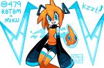  aqua_eyes arm_tattoo artist_name black_shorts character_name commentary detached_sleeves english_commentary eyelashes fusion grin hair_between_eyes hatsune_miku number_tattoo orange_hair orange_shirt orange_thighhighs poke_ball_symbol pokedex_number pokemon pokemon_(creature) rotom rotom_(normal) shirt shorts simple_background sleeves_past_fingers sleeves_past_wrists smile socky tattoo teeth thighhighs twintails vocaloid white_background 