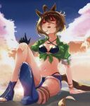  1girl agnes_tachyon_(lunatic_lab)_(umamusume) agnes_tachyon_(umamusume) ahoge animal_ears arm_support beach bikini black_bikini blush breasts brown_hair cleavage commentary criss-cross_halter green_jacket hair_between_eyes halterneck horse_ears horse_girl horse_tail jacket leather_wrist_straps medium_breasts morimoru413 navel ocean official_alternate_costume open_clothes open_fly open_mouth open_shorts outdoors red_eyes shoes shorts sitting solo stomach swimsuit tail tied_jacket torn_clothes torn_shorts umamusume untranslatable_commentary water wrist_straps 