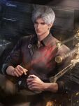  1boy 3d belt black_belt black_pants black_shirt blood brown_pants bullet closed_mouth collared_shirt cowboy_shot game_asset gun highres holding holster long_sleeves looking_at_viewer love_and_deepspace male_focus non-web_source official_art pants red_eyes self-datamine shirt short_hair sitting sleeves_rolled_up solo sylus_(love_and_deepspace) weapon white_hair 