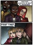  2girls 4boys ? ?? backrooms_(2026_movie) backrooms_(creepypasta) black_eyes black_hair black_shirt blonde_hair blue_shirt breasts chloeimagine clark_(backrooms) collared_shirt commentary confused crossover dark-skinned_male dark_skin east-west_crossover english_commentary english_text expressionless extra_mouth extra_noses facial_hair genre_connection goatee green_jacket highres jacket james_sunderland looking_at_viewer mary_shepherd-sunderland medium_breasts multiple_boys multiple_girls open_mouth parted_lips pirate_clark plaid_clothes plaid_shirt purple_shirt pyramid_head red_hair red_jacket shirt silent_hill_(series) silent_hill_2 speech_bubble spoilers still_life_(backrooms) trait_connection 