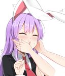  1girl animal_ears black_jacket blazer blush bunny_ears cheek_squash closed_eyes commentary_request hair_between_eyes hands_on_another's_cheeks hands_on_another's_face jacket long_hair necktie open_mouth out_of_frame purple_hair red_neckwear reisen_udongein_inaba simple_background solo_focus sweat touhou upper_body white_background wing_collar xialuluo_(sharuro) 