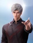 1boy 3d black_shirt blue_background card closed_mouth collared_shirt game_asset grey_hair highres holding holding_card jewelry lips long_sleeves looking_at_viewer love_and_deepspace male_focus necklace non-web_source official_art realistic red_eyes self-datamine shirt short_hair simple_background smile solo strap sylus_(love_and_deepspace) upper_body white_hair 