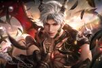  1boy 3d armor black_feathers black_gloves black_wings blurry closed_mouth cloud demon_horns demon_wings falling_feathers feathers game_asset gem glint gloves highres holding holding_jewelry horns jewelry looking_at_viewer love_and_deepspace male_focus necklace non-web_source official_art outdoors parted_bangs pectorals realistic red_eyes red_gem ring self-datamine short_hair shoulder_armor sitting smile solo sun sunset sylus_(abyssal_sovereign)_(love_and_deepspace) sylus_(love_and_deepspace) unworn_jewelry white_hair wings 