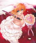  1girl bare_shoulders blonde_hair blue_eyes blush breasts bride cleavage dress female gown igawa_sakura kagami_hirotaka knife large_breasts looking_at_viewer open_mouth short_hair smile solo taimanin_(series) taimanin_asagi taimanin_asagi_battle_arena thighhighs veil wedding_dress 