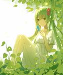  alternate_eye_color alternate_hair_color bangs bare_legs barefoot candy dress flower food from_side full_body green green_eyes green_hair hair_flower hair_ornament hatsune_miku highres ivy knees_up lan_jue legs legs_together light_frown lollipop long_hair looking_at_viewer plant short_sleeves sitting solo twintails vines vocaloid white_dress 