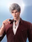  1boy 3d blue_background breast_pocket closed_mouth collared_shirt day dress_shirt earrings game_asset grey_hair hand_up highres holding holding_removed_eyewear jacket jewelry lips long_sleeves looking_at_viewer love_and_deepspace male_focus necklace non-web_source nose official_art pendant pocket realistic red_eyes red_jacket self-datamine shirt short_hair sleeves_rolled_up smile solo stud_earrings sunglasses sylus_(love_and_deepspace) unworn_eyewear upper_body white_hair white_shirt 