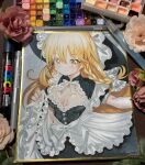  1girl absurdres alternate_costume apron apron_hold art_tools_in_frame black_dress black_hat blonde_hair blush bow braid breasts breasts_apart cleavage_cutout closed_mouth clothing_cutout commentary_request dress hair_bow hat hat_bow highres kirisame_marisa long_hair looking_at_viewer medium_breasts mosho photo_(medium) shikishi side_braid single_braid smile solo touhou traditional_media very_long_hair waist_apron white_apron white_bow witch_hat yellow_eyes 