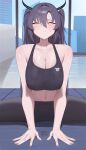  1girl absurdres black_halo black_pants black_sports_bra blue_archive blue_hair blush breasts cleavage closed_eyes closed_mouth commentary exercising fingernails hair_between_eyes halo highres hm_(mhm2592) indoors large_breasts long_hair millennium_science_school_logo navel pants sitting solo sports_bra spread_legs sweat two_side_up window yoga_pants yuuka_(blue_archive) 