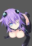  absurdres breasts gloves hair_ornament highres large_breasts looking_at_viewer neptune_(choujigen_game_neptune) neptune_(series) one_eye_closed purple_eyes purple_hair purple_heart simple_background smile solo symbol-shaped_pupils thighhighs wuwusan zettai_ryouiki 