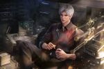  1boy 3d assault_rifle belt black_belt black_pants black_shirt blood blood_on_clothes bullet closed_mouth collared_shirt game_asset gun handgun highres holster indoors long_sleeves looking_at_viewer love_and_deepspace m4_carbine male_focus non-web_source official_art pants red_eyes rifle self-datamine shirt short_hair sitting sleeves_rolled_up solo sword sylus_(love_and_deepspace) weapon white_hair 