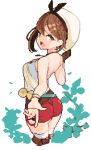  1girl ass ataruman atelier_(series) atelier_ryza atelier_ryza_1 bare_shoulders belt beret black_ribbon blush boots breasts brown_boots brown_eyes brown_gloves brown_hair camisole commentary_request flask gloves hair_ornament hairclip hat large_breasts looking_at_viewer looking_back open_mouth pixel_art red_shorts reisalin_stout ribbon round-bottom_flask short_hair short_shorts shorts single_glove smile solo thigh_boots thighhighs thighs white_camisole white_hat white_thighhighs 