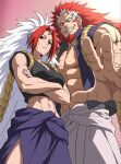  1boy 1girl abs bare_pectorals beard black_eyes black_tank_top brother_and_sister crossed_arms earrings facial_hair foreshortening from_below grin hidari_(yomi_no_tsugai) highres hoop_earrings horns huge_pectorals jewelry long_hair looking_at_viewer midriff migi_(yomi_no_tsugai) multicolored_hair muscular muscular_arms muscular_female muscular_male navel pectorals ponytail purple_skirt purple_vest red_hair rope sharp_teeth siblings single_horn skirt small_horns smile stomach tank_top teeth two-tone_hair ugo_000000 very_long_hair vest white_hair white_skirt yomi_no_tsugai 